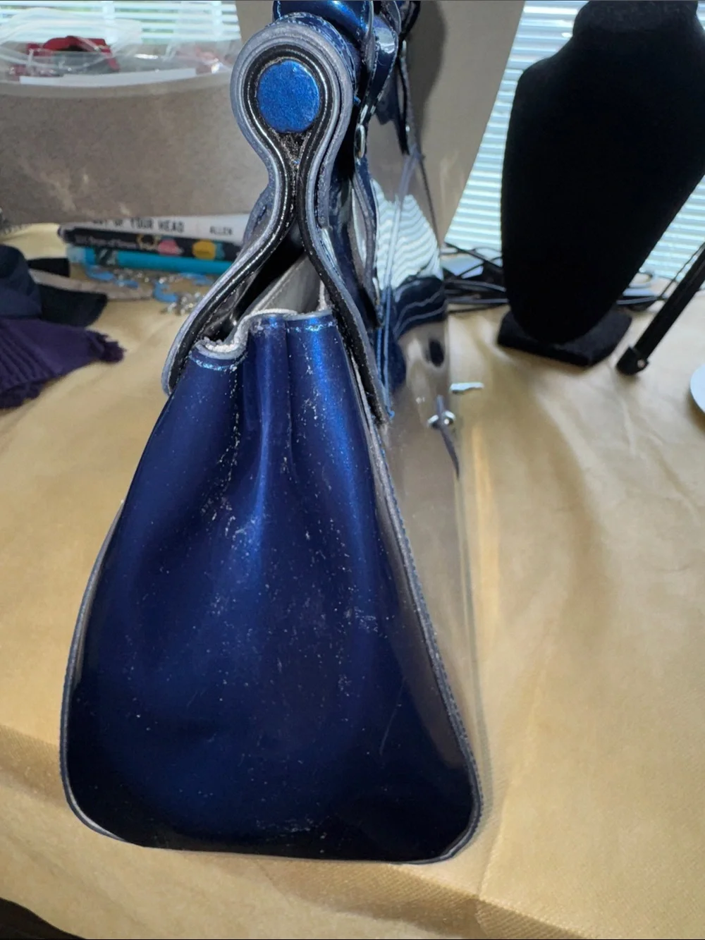 Beijo Navy Patent Satchel with Silver-Tone Lock Matching Wallet